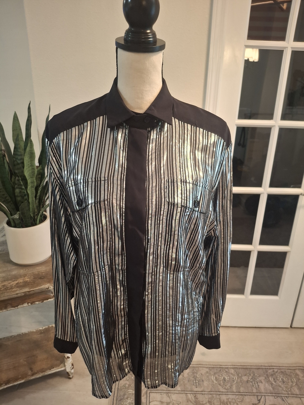 Vintage Union Made Blassport Bill Bass Black and Silver Metallic Stripe Blouse